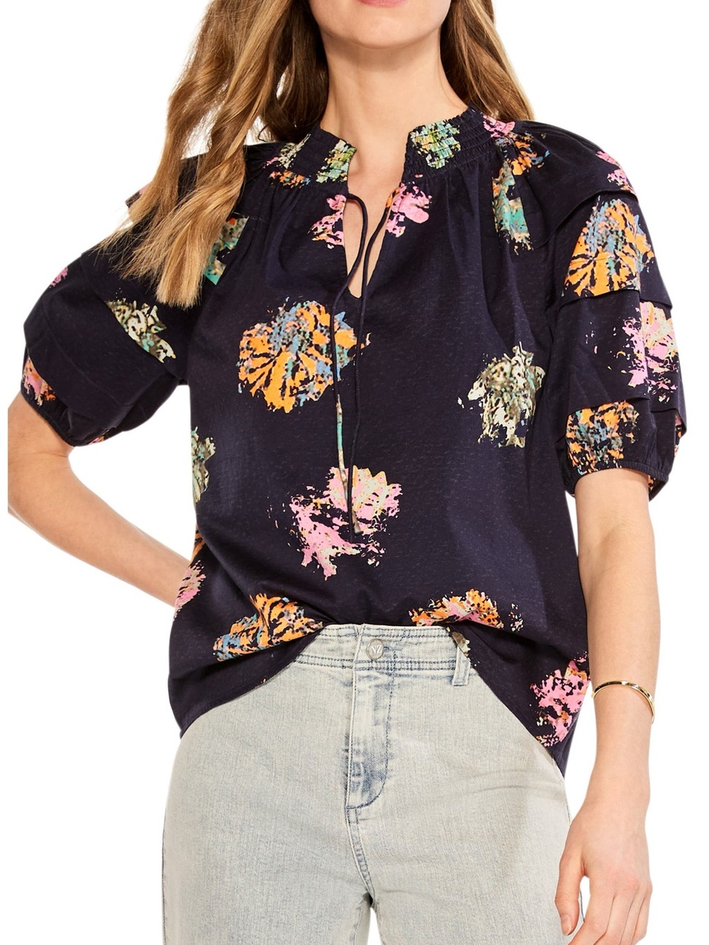 Nic + Zoe Navy Bright Spot Smocked Neck Top